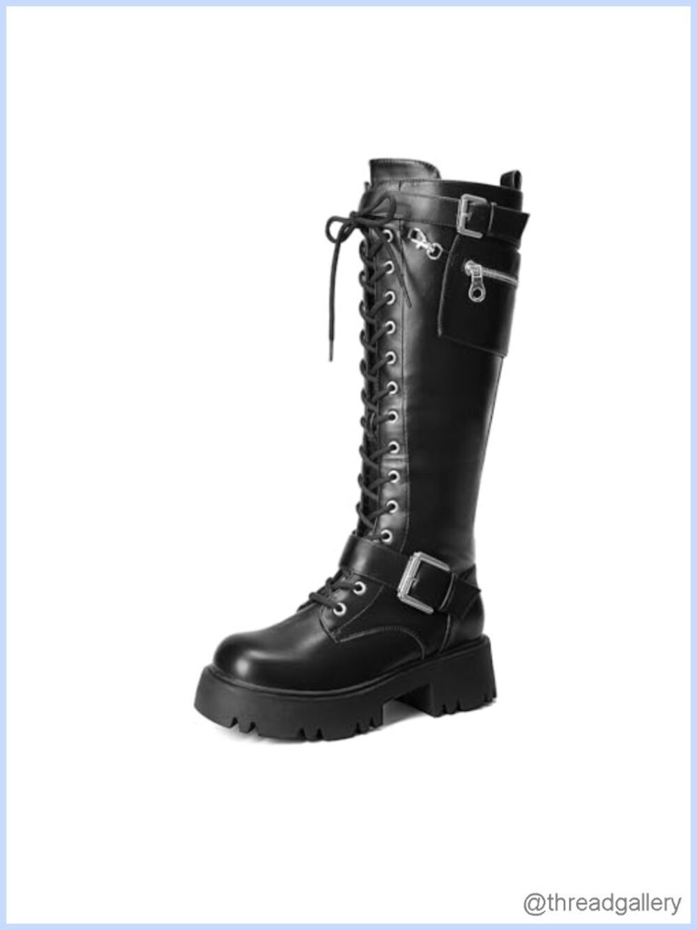 Knee High Combat Boots Platform Heels Faux Leather Lace Up Womens